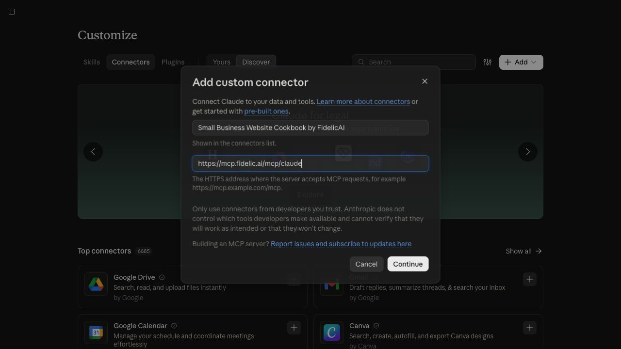 Older custom connector setup capture; use the current address in the copy field above.