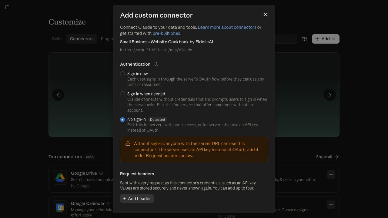 Connector authentication step showing the no-sign-in option.