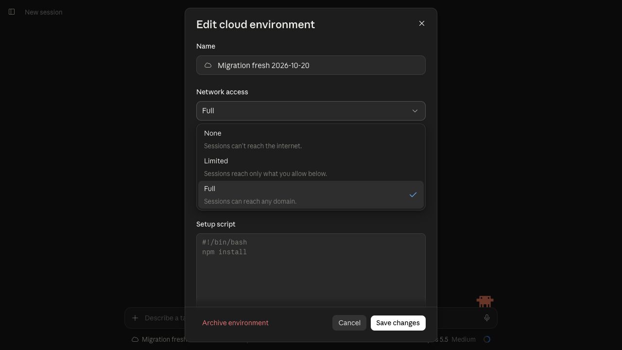 Claude Code environment Network access menu with None, Limited and Full options.